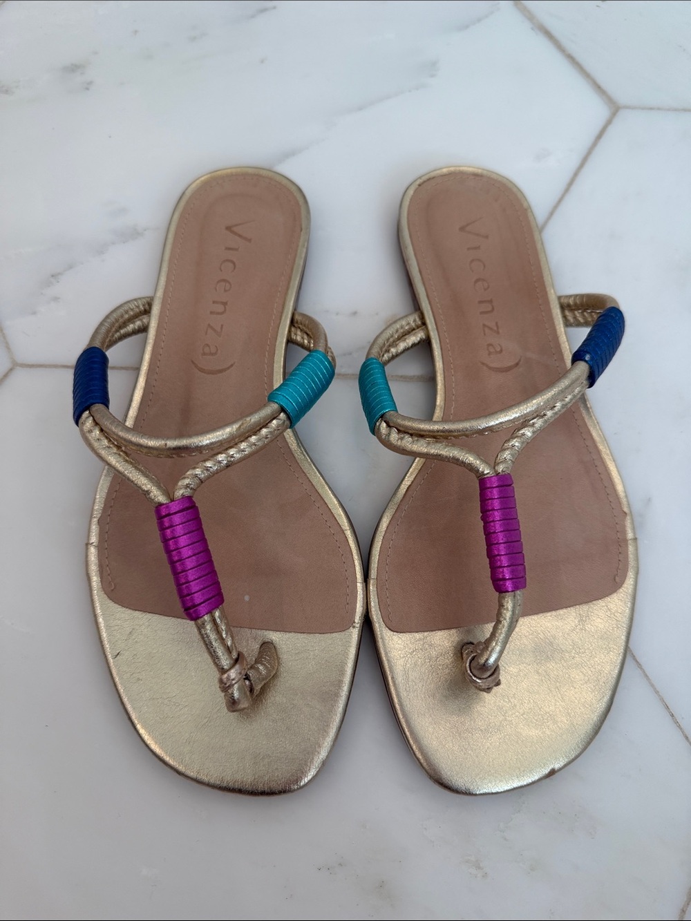 Vicenza Gold Thong Sandals with Blue, Teal and Purple Accents